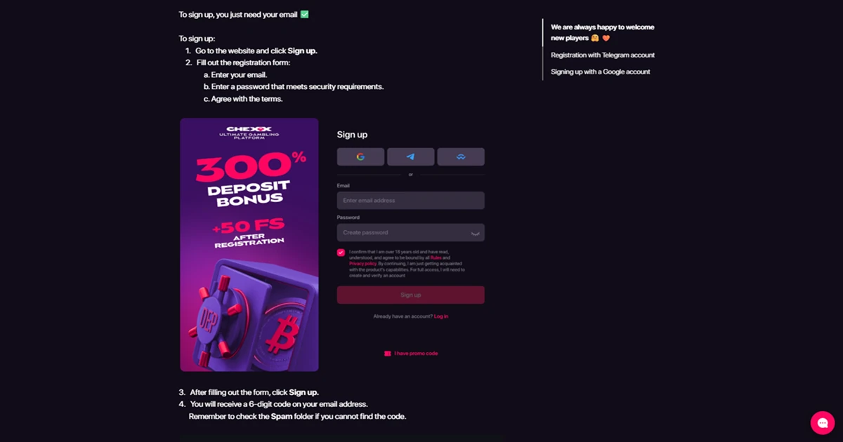 CHEXX registrering med tilgjengelige innloggings- og signup-metoder