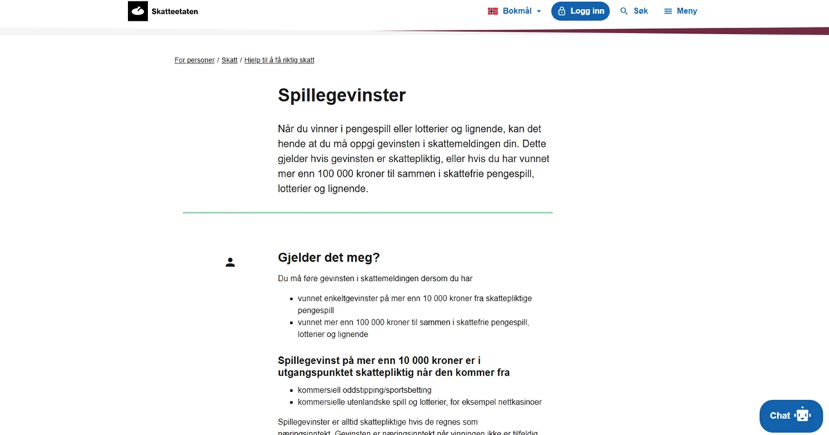 Skatteetatens side om spillegevinster og grensen på 10 000 kroner