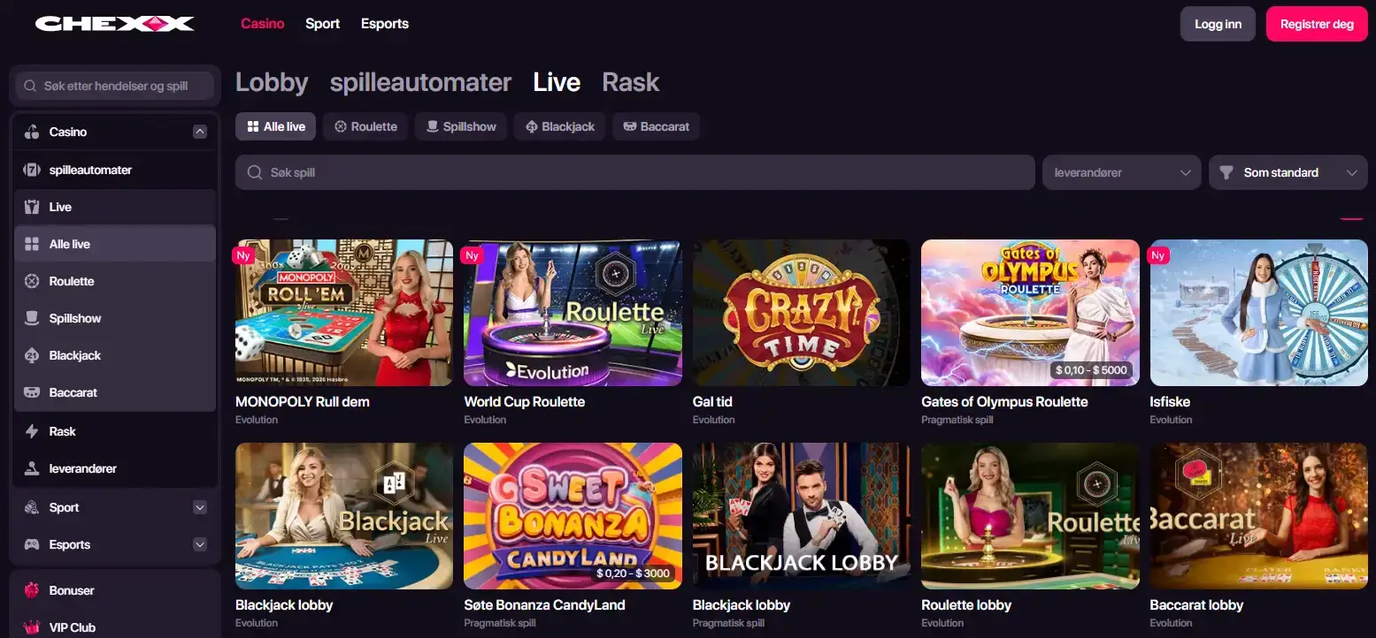 CHEXX casino-lobby med spillkategorier og leverandører