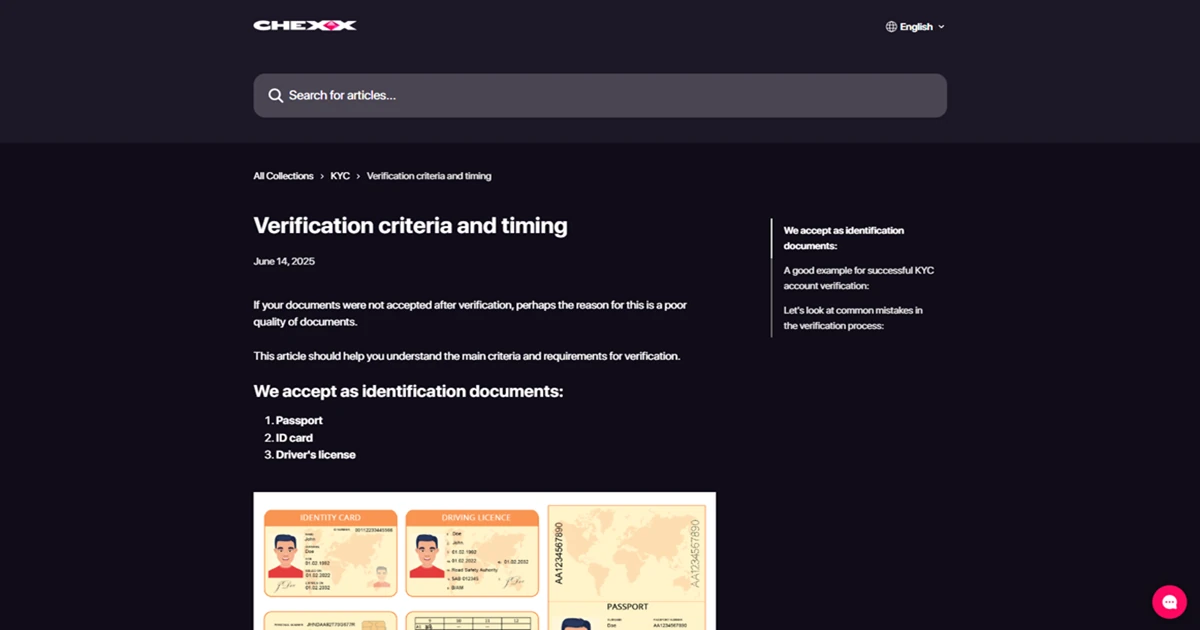 CHEXX verifiseringsside eller hjelpeside om KYC