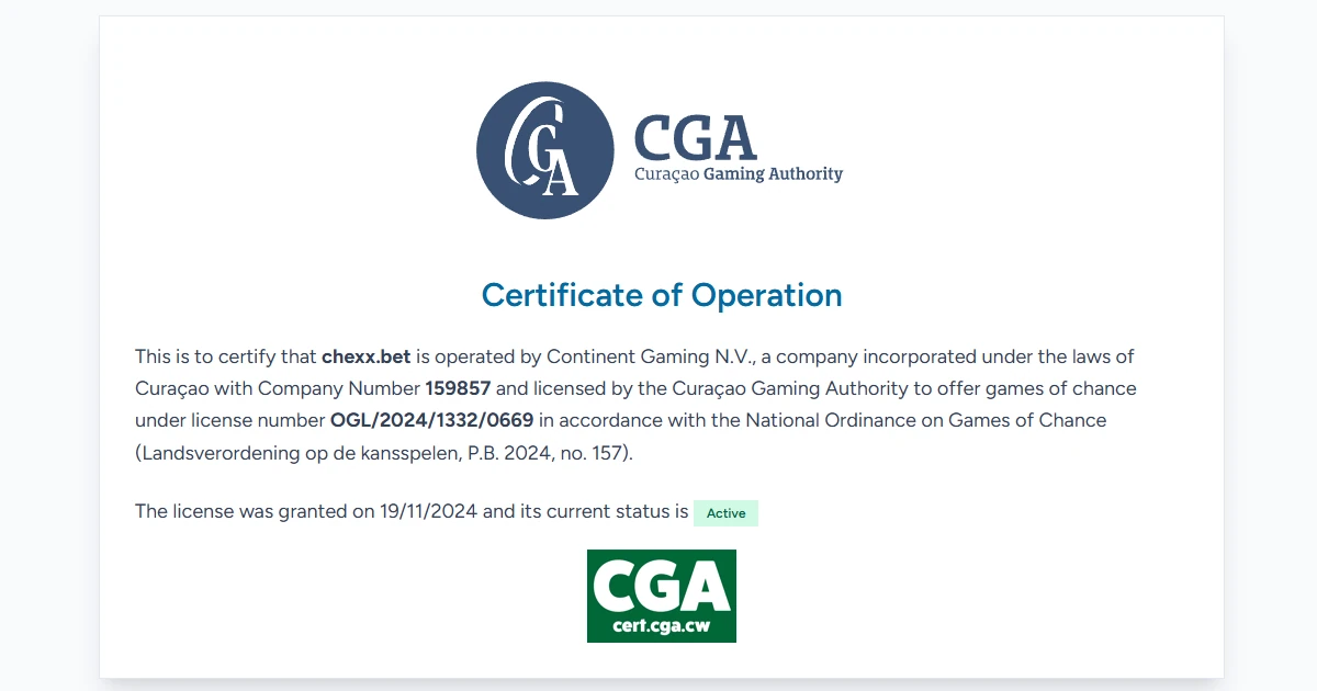 CGA sertifikatoppføring for CHEXX og Continent Gaming N.V.