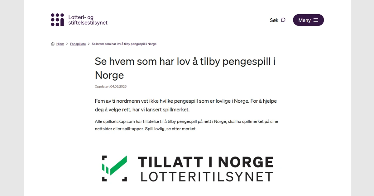 Lotteritilsynet sin side om spillselskap med tillatelse i Norge